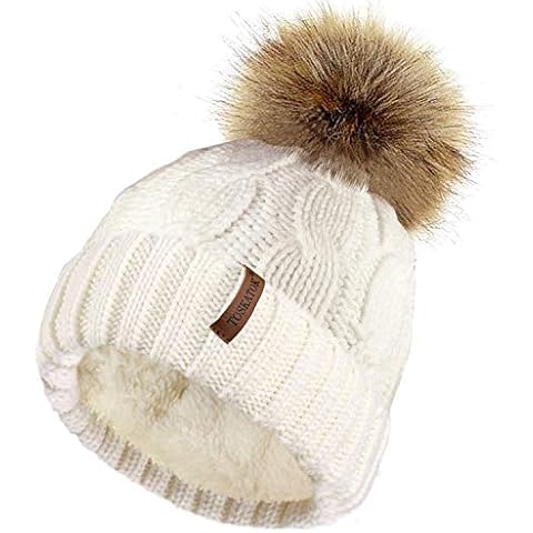 TOSKATOK Ladies Chunky Soft Cable Knit Hat with Cosy Fleece Liner and Detachable Faux Fur Pompom-Cream Cover