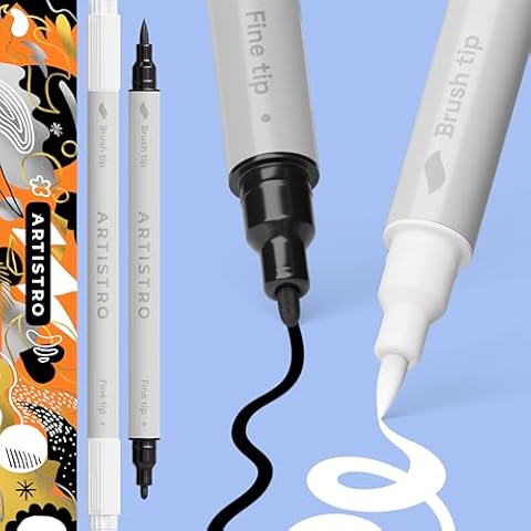 ARTISTRO 2 Black&White Acrylic Paint Pens, Acrylic Paint Markers Dual Tip (Brush + Fine 1 mm), Acrylic Markers for Fabric, Canvas, Rock, Glass, Wood, Paper, DYI, Paint Markers for Kids and Adults Cover