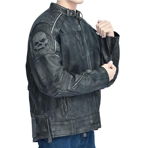 Mulch Leather Co Mens Genuine Leather Skull Motorcycle Jacket Armored Biker Riding Jacket | Air Vents Reflective Safety Panels Impact Padding Distressed Finish (Medium Black Distressed)