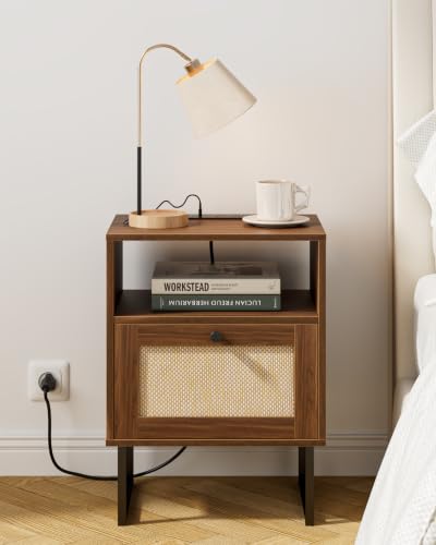 Image of Masupu Rattan Nightstand with Charging Station, Modern Boho Farmhouse Wood Bedside Table with Storage Drawer and Open Shelf, Side End Table for Bedroom, Office (Walnut)