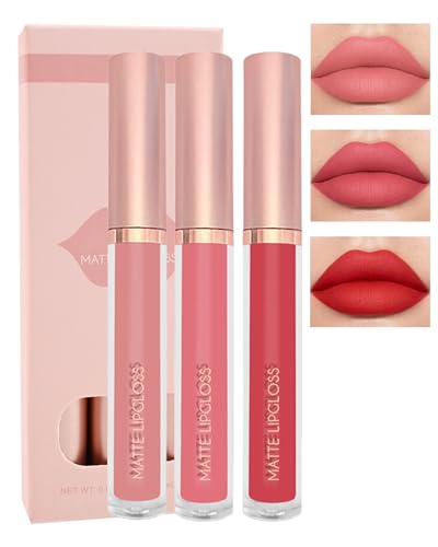 Matte Liquid Lipstick Set-3Pcs High Pigmented Lip Stain Tint, Long Lasting 24H Red Lipstick Waterproof Non-Stick Cup Velvet Lip Gloss, Smudge Proof Not Fade Lip Blam Makeup Gift Box for Women-Set b