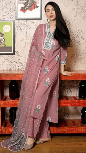 Image of GoSriKi Women's Cotton Blend Straight Hand Block Printed Kurta with Pant & Dupatta | Ethnic Wear for Women | Indian Casual Office Daily Summer Outfit
