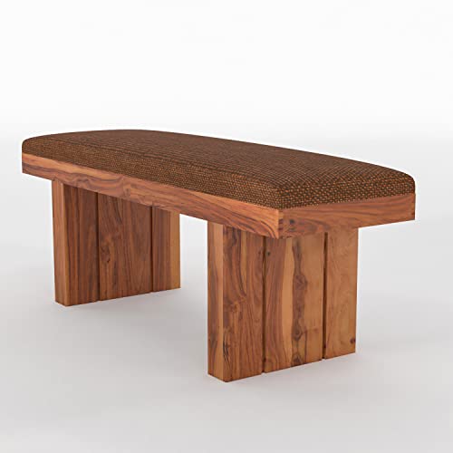 Image of Sheesham Wood 2 Seater Dining Bench with Upholstery | Solid Wood Bench for Living Room & Balcony | Honey Finish | Drawing Room | Without Pillow
