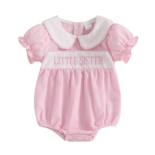 MOBJVIY Baby Girl Summer Clothes Cute Embroidery Short Sleeve Smocked Romper Newborn Girls Gingham Bodysuit Dress (Pink Romper, 12-18 Months)