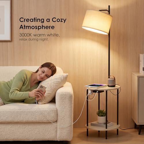 ONEWISH Floor Lamp with Table, USB/Type-C/AC Charging Ports, 9W LED Bulb, Round Table & Nightstand for Bedroom & Living Room (White) by ONEWISH - Image 7