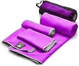 Set of 3 Microfiber Towels - Best for Gym Travel Camp Beach Backpacking Sports Outdoor Swim - Quick Dry Fast · Absorbent · Antimicrobial · Compact · Lightweight Men Women Gift Toiletry Bag (Purple)