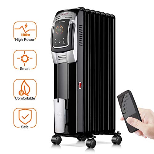 Homeleader 1500W Oil Heater, Full Room Space Heater with LED Display Screen, 24-Hour Timer and Remote Control, Electric Oil Filled Radiator Heater, Black
