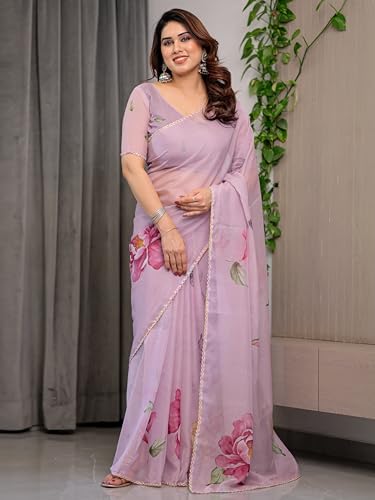 Image of ALMAARI FASHIONWomen's Floral Printed Organza Saree with Unstitched Blouse Piece | Traditional Ethnic Wear Sarees | Soft Lightweight Ethnic Office Wear Daily Wear Indian Sari (ORGANZA 121-130 H)