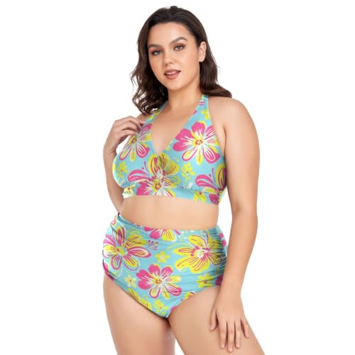 Maillots de bain deux pièces grande taille à motif fleurs tropicales roses