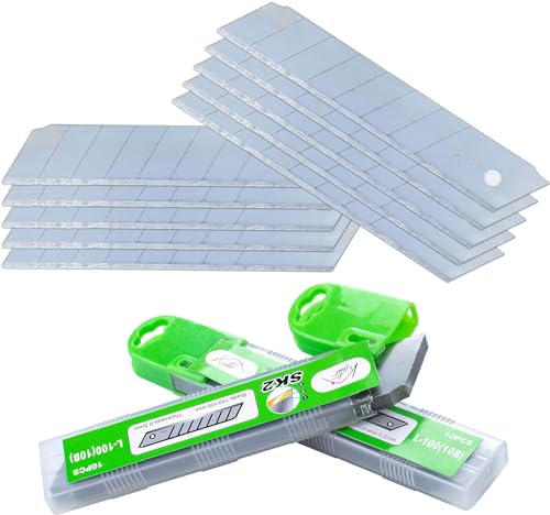Kutir Box Cutter Utility Knife Replacement Blades (Pack of 10) - Heavy Duty SK2 Metal 18mm Snap-Off Blade - For Retractable Utility Knives - Stays Sharp 3X Long - Suitable for Cardboard, Carpet, Rope
