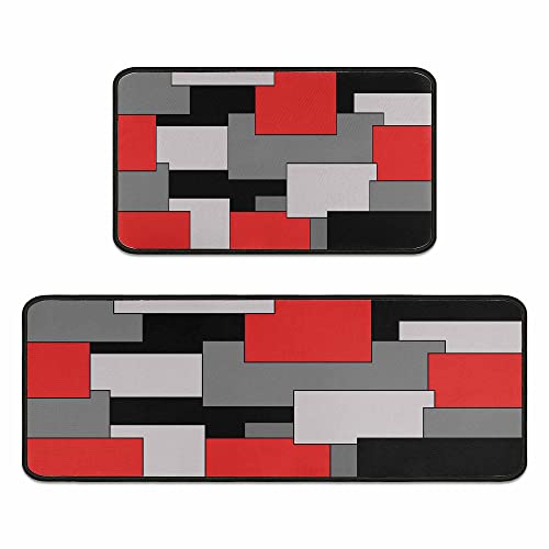 Kitchen Rugs Set Of 2- Red, Black, And Grey Modern Geometric Non-Slip Washable Floor Mats - Comfort Sink And Laundry Room Runner - Contemporary Abstract Art Design Decor 17X47.2 And 17X30 Inches #TOP1