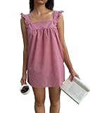 Womens Summer Plaid Picnic Mini Dress Loose A-line Gingham Sundress Beach Streetwear Teen Girls Babydoll Dresses (Red, M)