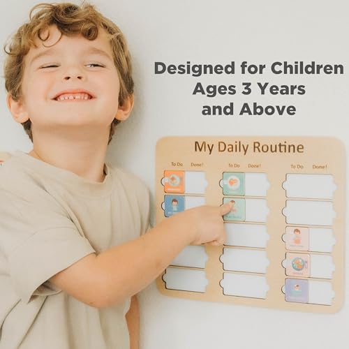 Image of Wooden Toddler Routine Chart Ages 3-6 - Daily & Bedtime Routine Chart for Toddlers, Visual Schedule Board for Kids, Montessori-Inspired Visual Schedule for Kids Daily Routine