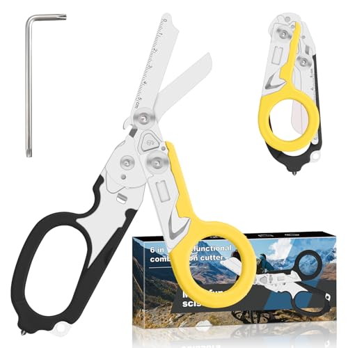 Image of 6 in 1 trauma shears, folding emergency shear, Outdoor Camping Tools, Seat Belt Cutter, Oxygen Cylinder Wrench, Complimentary Adjustable Wrench (Black Yellow)
