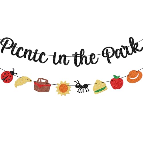 Picnic in the Park Banner - Sparkly Picnic Party Decorations - Pre-Strung Summer BBQ Party for Birthday - Family Gathering Park Outing - No Shed Glitter