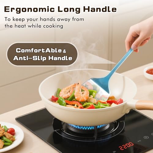 4 Pcs Cooking Utensils Set, Stainless Steel Kitchen Utensils, Heat Resistant Metal Kitchen Tools Include Solid & Slotted Turner Wok Spatula, Serving Spoon, Ergonomic Handle, Easy to Clean, Silver by MemoGem - Image 4
