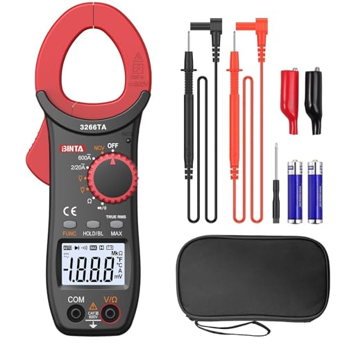 BINTA Digital Clamp Meter, Multimeter 2000 Counts with Auto Range NCV TRMS, 600A AC Amp clamp multimeter with Ohm Measures, Capacitance Resistance Diodes, 2PCS Alligator Clips