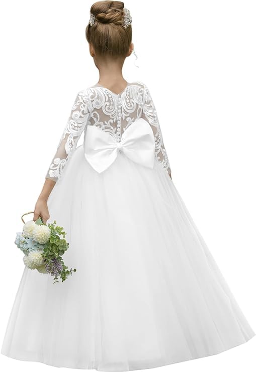 GZCYL White Flower Girls Dresses for Wedding Long Sleeves Lace Princess Communion Dress Tulle
