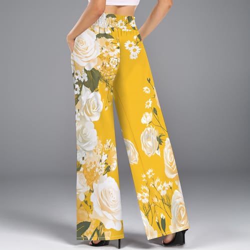 Wide Leg Palazzo Lounge Pants for Women 2025 Summer Boho Flower Flowy Palazzo Pants Beach Pants with Pockets4
