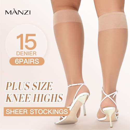 MANZI 6 Pairs Plus Size Sheer Knee Highs Stocking for Women Super Wide Nylon Trouser Queen Socks2