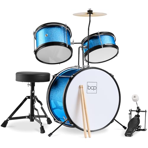 Best Choice Products 3-Piece Beginner Drum Set for Kids Juniors, w/Throne Stool, Cymbal, Drum Sticks, Bass Drum Pedal, 2 Toms - Light Blue Sparkle