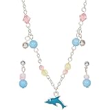 Heirloom Finds Childs Blue Enamel Dolphin Necklace with Pink Crystals Earring Set