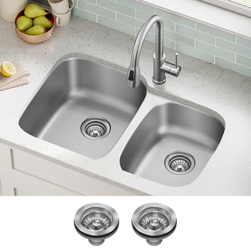 Image of KRAUS Premier 32-inch Undermount 60 /40 Double Bowl with Low Divider 18-Gauge Stainless Steel Kitchen Sink with Strainers (x2), KBU24