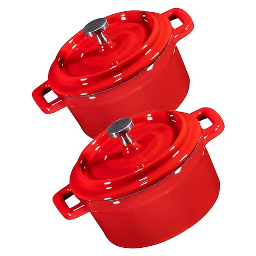 Bruntmor Enameled Dutch Oven Pot With Lid Set Of 2 in Black | Double Cocotte Cast Iron Dutch Oven/Deep Crock pots .8 Oz Mini Staub Cocotte | Seasoned Cast Non Stick Skillet Bean Cooking Gifts.