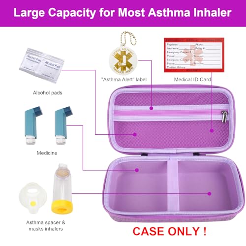 Image of MGZNMTY Travel Carrying Case Compatible with Asthma Inhaler Spacer for Adults and Children, Masks, Inhaler Holder with Asthma Alert Tag and Medical Card, Carabiner (Only Case) (Purple)