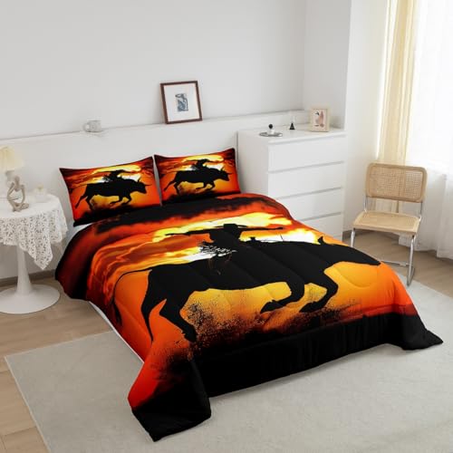 Image of Feelyou Western Cowboy Comforter Set Rodeo Cowboy Riding Bull Bedding Set for Kids Boys Teens Adults Vintage Comforter Soft Quilt with 2 Pillowcases 3Pcs Bedding Full Boys