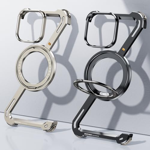 Z Case for iPhone 15 Promax Frameless with 360° Rotatable Magnetic Stand, Bezel Less Metal Ultra Thin for iPhone 15 Pro Case with Ring Holder (Black,15pro max)