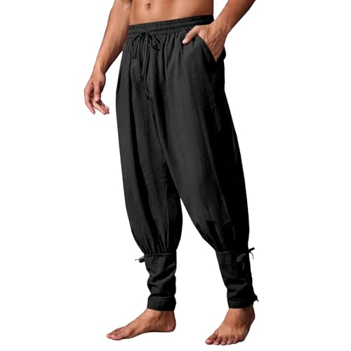 QEKFDOV Mittelalter Hose HerrenRenaissance Wikinger PiratenhoseHerren Vintage Leinenhose Einfarbig Baggy Freizeithose Cosplay Kostüm (Schwarz XL)