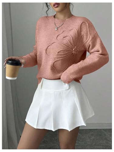 Image of RoseSeek Women's 3D Floral Appliques Crewneck Sweaters Long Sleeve Drop Shoulder Pullovers Elegant Knit Tops