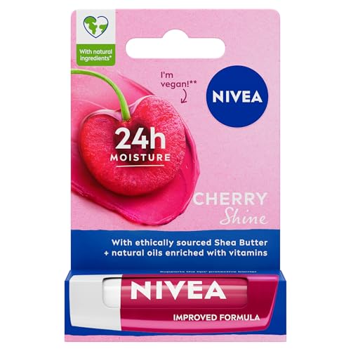 NIVEA Cherry Shine Lip Balm (4.8g) Flavoured Lip Balm with Shea Butter Natural Oils and Vitamins Provides 24h Moisture and a Soft Red Shine Vegan Lip Care Formula
