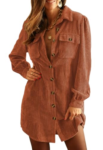 Alaster Queen Women's Corduroy Rust Brown Lapel Neck Long Sleeve Work Dress