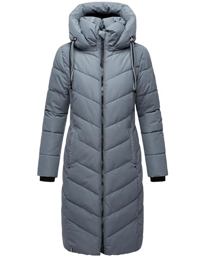 Navahoo Damen Wintermantel Warmer Langer Steppmantel mit Abnehmbarer Kapuze Sahnekatzii XIV Stormy Blue Gr. L