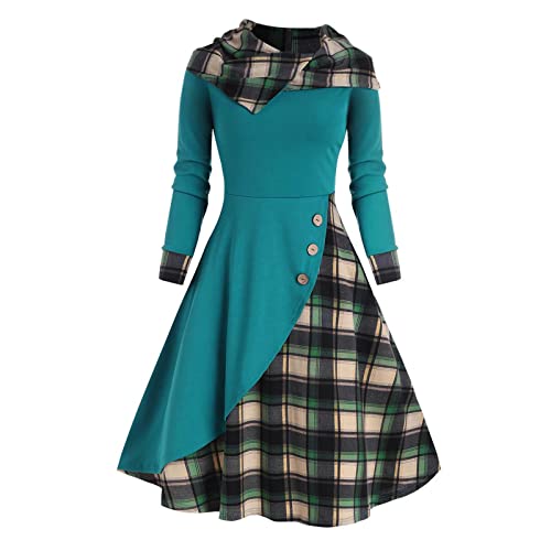 Women's Gothic Patchwork Dress Casual Button Plaid Tunic Hooded Dress Medieval A-Line Sundress Green #TOP1