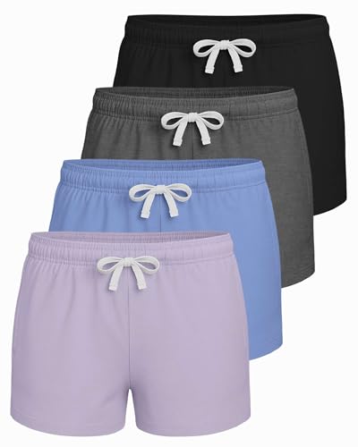 Image of Real Essentials 4 Pack: Girls French Terry Lounge Shorts - Ultra Soft Pull-On Gym, Camp, Sports & Everyday Shorts