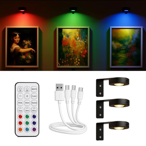 Wandlampe akku 3er Set, Led Wandleuchte ohne Stromanschluss, Bilderleuchte Kabellos, RGB & Weißlicht, Dimmbar, Fernbedienung, Timer, Nachttischlampe, Batterie Lampen für Bilder, Dartboard, Wanddeko Wandlampe akku 3er Set, Led Wandleuchte ohne Stromanschluss, Bilderleuchte Kabellos, RGB & Weißlicht, Dimmbar, Fernbedienung, Timer, Nachttischlampe, Batterie Lampen für Bilder, Dartboard, Wanddeko