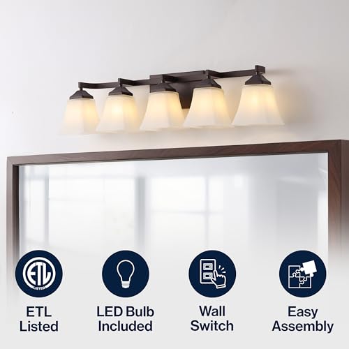 Image of JONATHAN Y 32.5 inch Oil Rubbed Bronze White 5-Light Metal Glass Rectangular Vanity Light Wall Sconce Traditional Transitional for Bathroom with Frosted Glass Shade Damp Rated LED Bulbs Included JYL7622A
