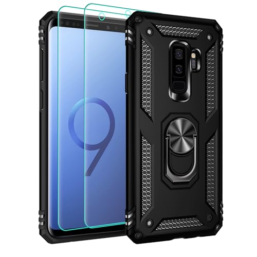 Handyhülle für Samsung Galaxy S9 Plus Hülle : 14 Fuß Fallschutz nach Militärstandard Hülle mit Schutzfolie 360 Metall Ring Ständer Stoßfest/Kratzfest/Fallsicher Schutzhülle für Galaxy S9 Plus-Schwarz