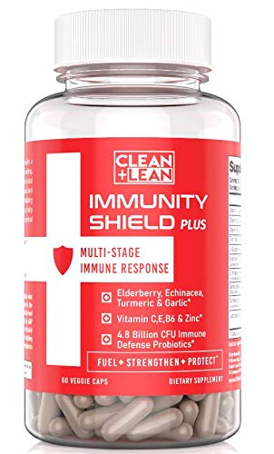 Clean+Lean Immunity Shield 'Plus'-Multi-Stage Immunity Boost- Elderberry+Echinacea+Turmeric+Vitamin C+Zinc+Garlic+5 Billion Immunity Probiotics- Fuels, Strengthens & Alerts to Defend & Respond!