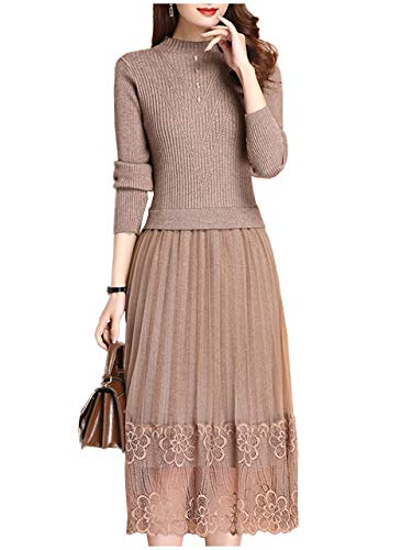 ONE UMB ワンアンブ ニット 切り替え ワンピース リブ ハイネック 花柄 レース プリーツ ロング Aライン フレア タイト スカート Aラインワンピース フレアワンピース リブニット ニットワンピース ボトルネック プチハイネック 大きいサイズ 小さいサイズ 着痩せ 体型カバー きれいめ パーティー 結婚式 お呼ばれ 長袖 秋 冬 30代 20代 174 カーキ M