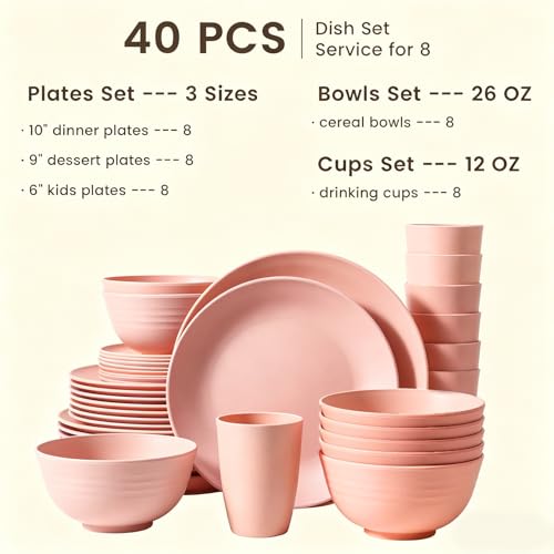 Image of Homienly 40 PCS Premium Wheat Straw Dinnerware Sets, Unbreakable Dishes Set for Party, Resuable Plates Set,Service for 8,Microwave and Dishwasher Safe Cups and Bowls Set for Camping, RV(Pink)