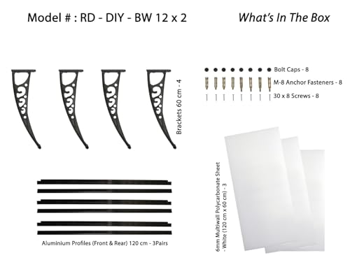 Image of CHENNAI Window Blinds and Shades DIY Polycarbonate Awning (Engineered Plastic Brackets) Window Sunshade Door Weather Shed Rain Canopy Awnings - 12'Widthx2'Depth (Black Brackets & White Sheets)