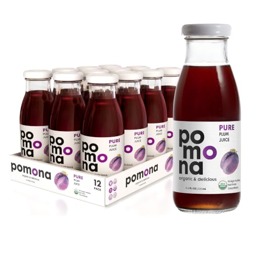 Image of Pomona Organic Plum Juice (Pack of 12), Cold Pressed USDA Organic Juices, 100% Plums, No Added Sugar, Not From Concentrate, Vegan, Kosher, Non GMO, Pasteurized, 8.4 oz Glass Bottles
