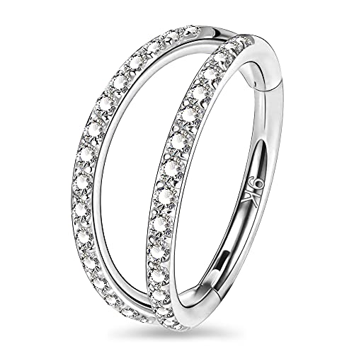 OUFER 9K White Gold Helix Earrings Double Row Diamonds Septum Piercing Jewelry Hoop Cartilage Earrings Daith Tragus Earrings