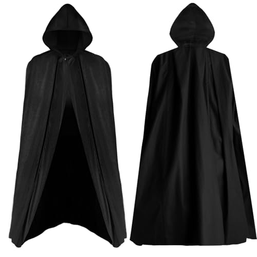CNMTCCO Cape preto com capuz fato de Halloween para adulto, capa para homem e mulher, casaco para Halloween, Natal, disfarce de carnaval