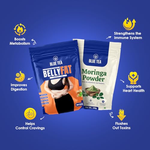 Image of BLUE TEA - Combo Pack - Belly Tea (30 Teabags) & Moringa Powder - 100 gm | Helps Manage Weight | Rich in Vitamins, Minerals & Amino Acids | Naturally Boosts Energy and Overall Health | Ziplock Packs