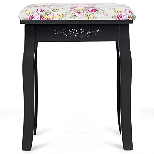 COSTWAY Tabouret de Coiffeuse en Motif de Rose, Chaise de Maquillage avec Siège Rembourré et Pieds en Bois Incurvés, pour Salon, Chambre, Dressing, 40 x 30 x 50 cm, Noir/Blanc (Noir)